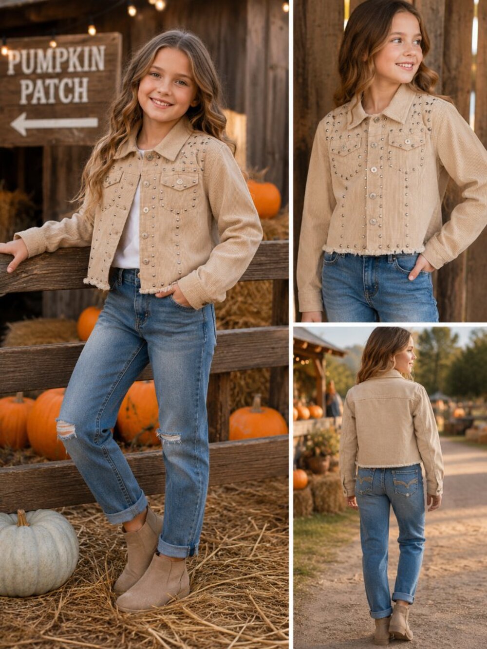 Steve Madden Kids Girls Studded Corduroy Jacket Size S Tan Distressed Western